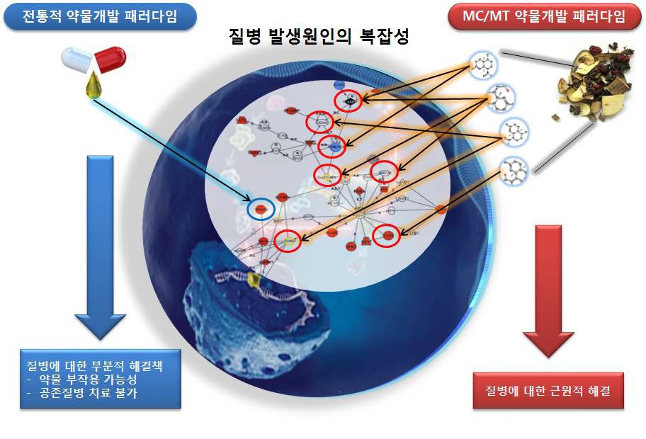 전통적 약물개발 패러다임과 MC/MT 연구 방법론 비교 모식도