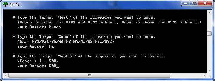 SimFlu 구동화면: 숙주생물종, 유전자명 및 전산모사 횟수설정