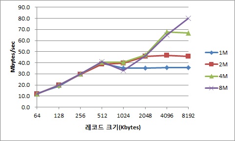 스트라이프 크기 변화에 따른 레코드 크기 변화 I/O 성능