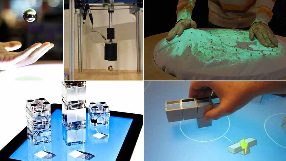 공간적 인터랙션을 제공하는 탠저블 블럭 사례: 윗줄 왼쪽부터 ZeroN 과 마그네틱 플랫폼, Relief,아랫줄 왼쪽부터 CapStones ,Lumino