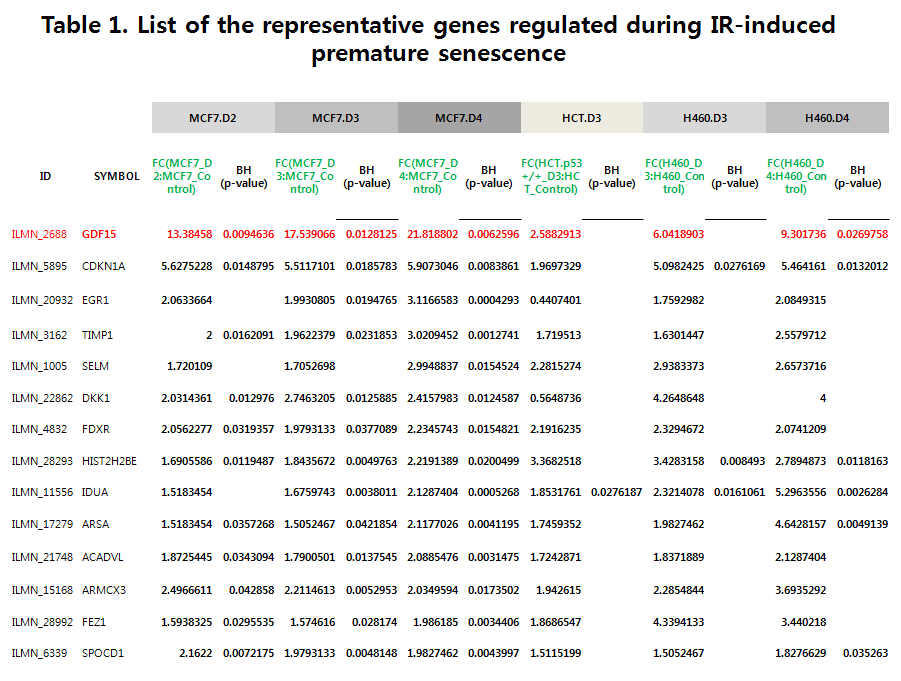 List of the representative genes regulated during IR-induced premature senescence