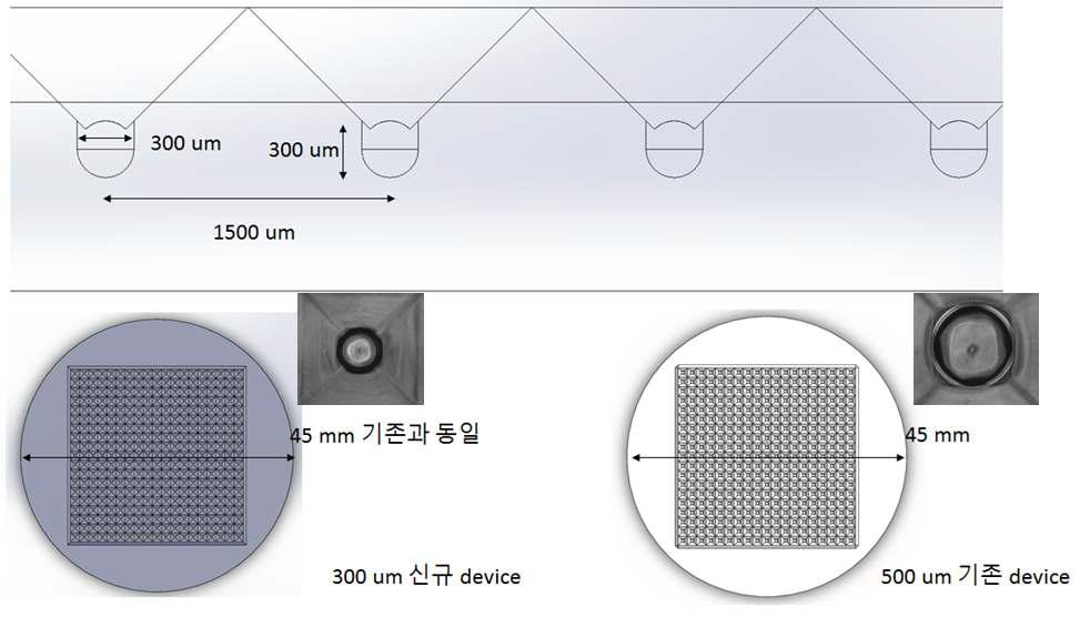 새롭게 제작한 300 μm 직경을 갖는 microwell type 스페로이드 배양 device와실제 well 구조 사진