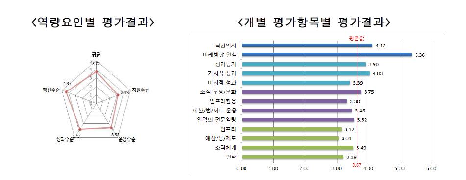 역량요인별 평가결과(좌) 및 개별 평가항목별 평가결과(우)