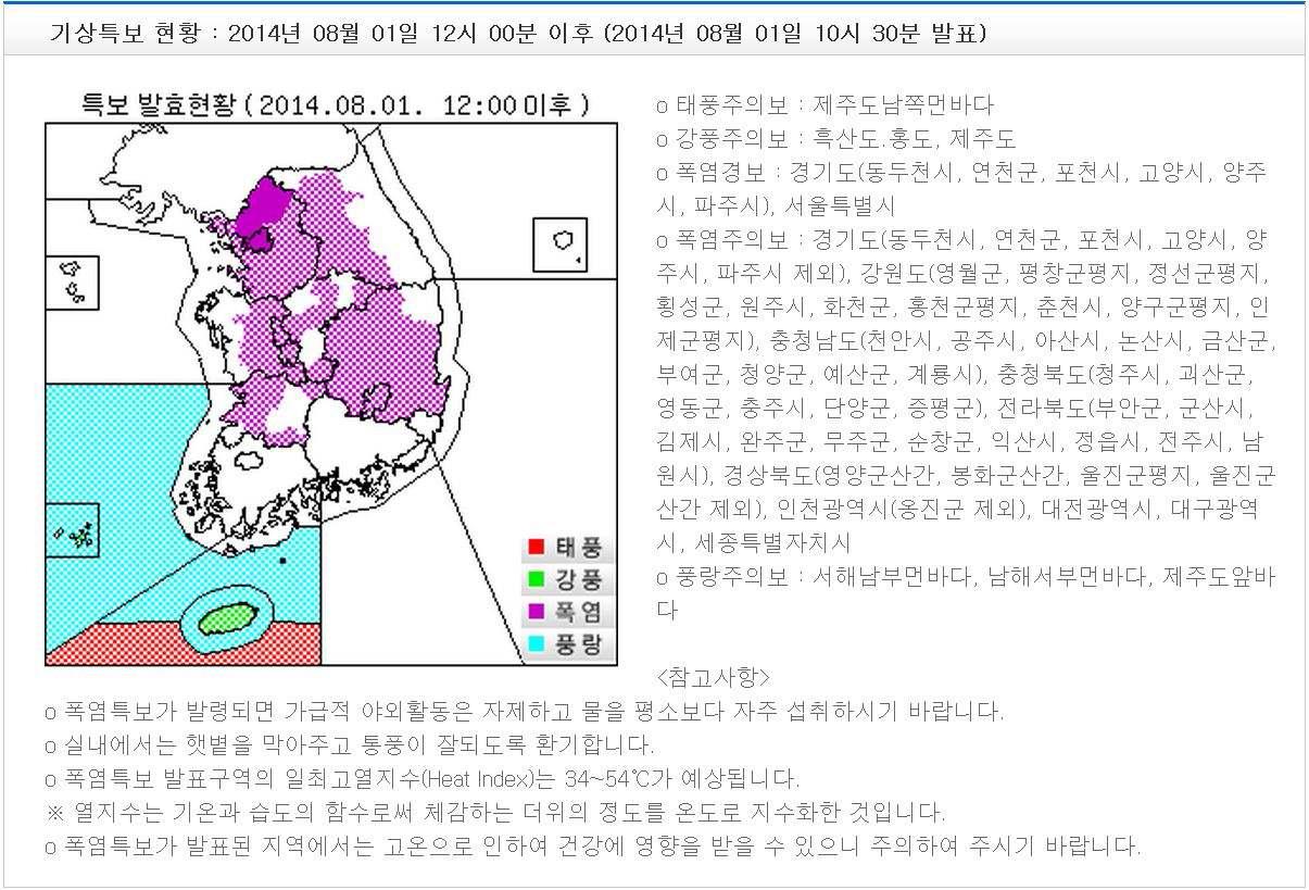 2014년 8월 1일 기상청 기상특보 발효현황