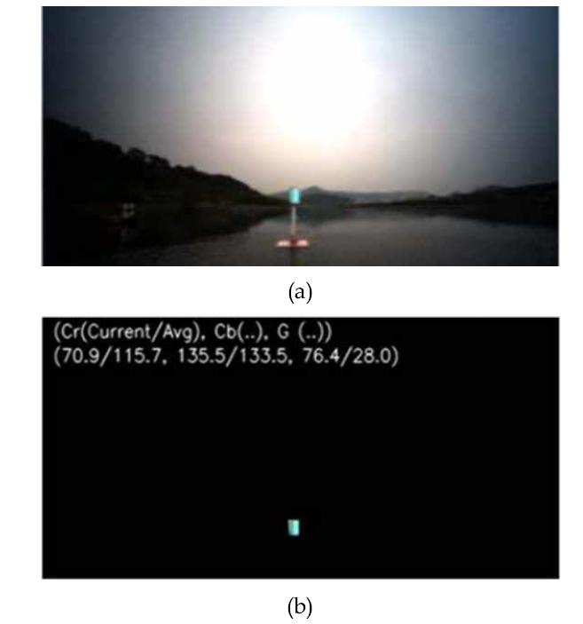 수상 발광 부유체 탐지 결과: (a) 카메라 영상; (b) 추출 된 수상 발광 부유체의 색상 영역