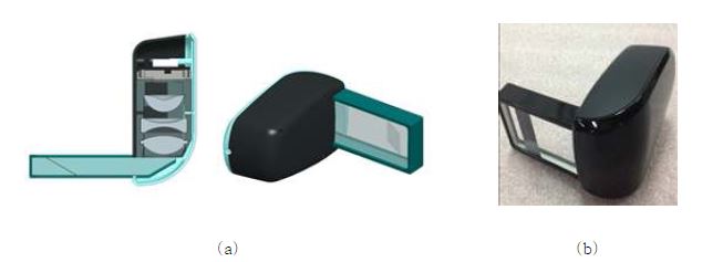 그림 3-11. 시제작된 단안용 HOE 광학장치, (a) 3D 모델링, (b) 시제품