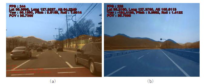 그림 3-18. 고도데이터 보정 알고리즘 자동차주행 시험, (a) 계룡산부근, (b)대둔산부근
