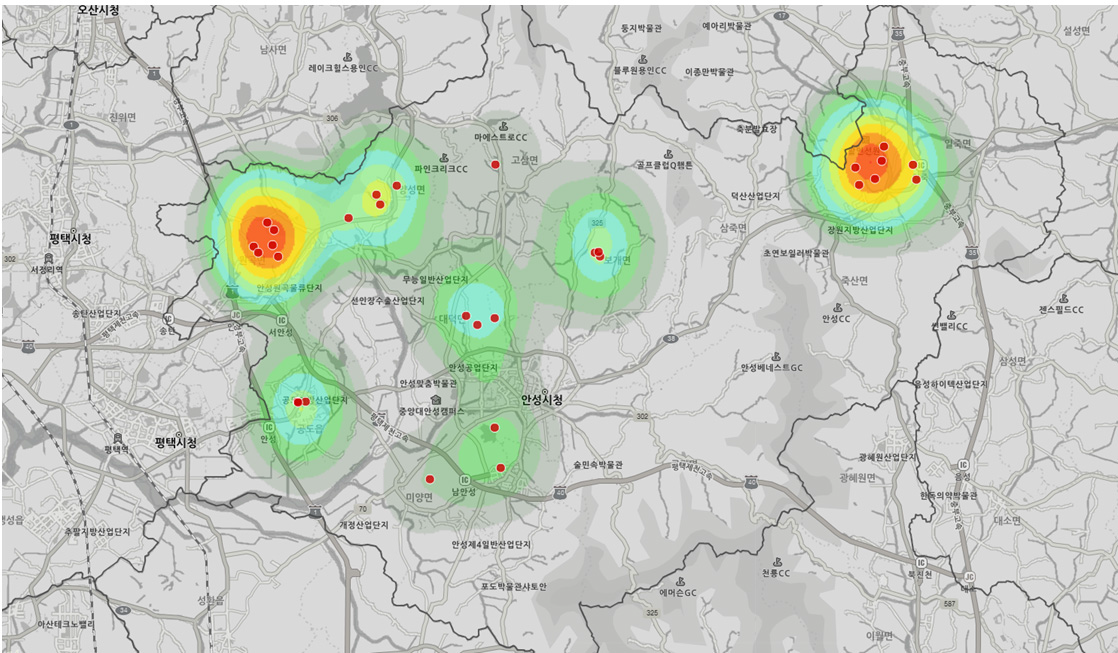 안성시 지역별 개발행위허가 건수 Hot spot