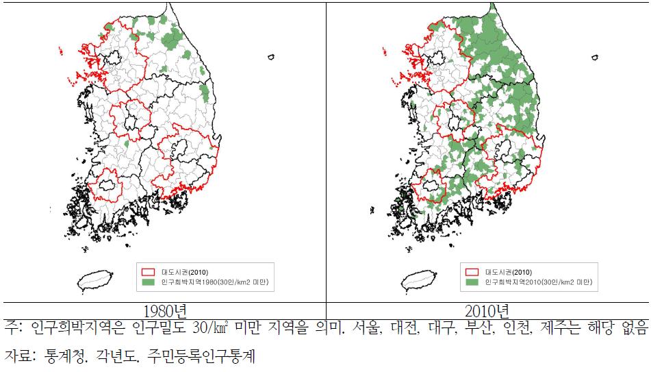 인구희박지역 분포 변화(1980~2010)