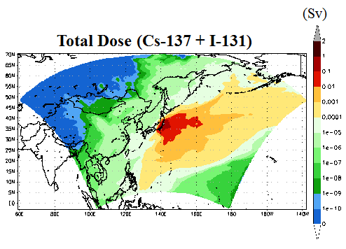 Horizontal distribution of total dose due to Cs-137 and I-131 for 30 days simulated by EDM.