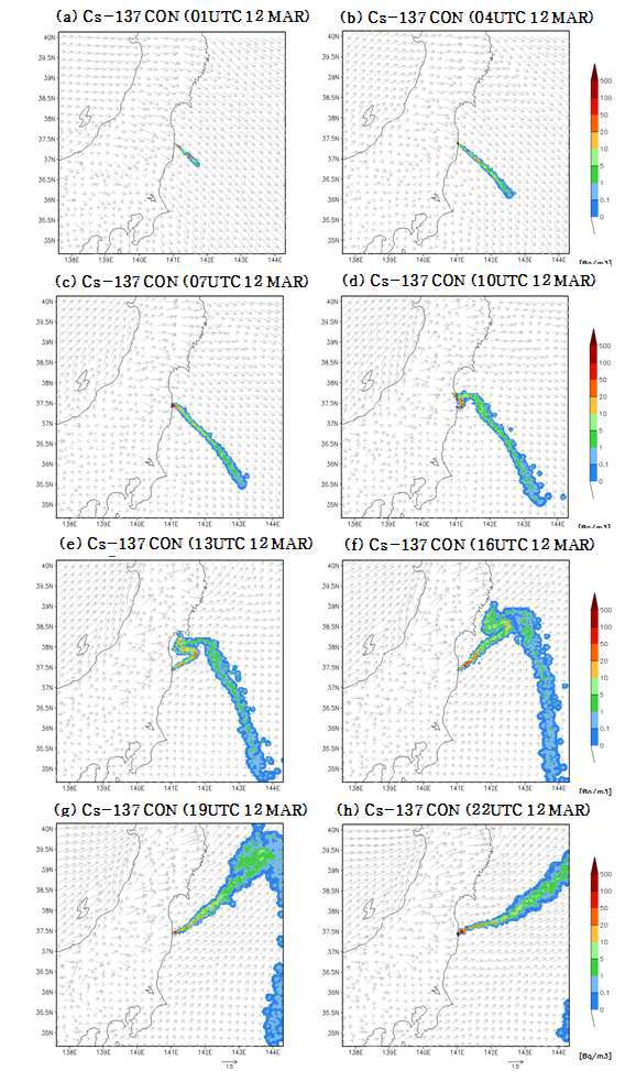 Horizontal distributions of near surface concentration (Bq m-3) of Cs-137 simulated by LPDM at (a) 01 UTC, (b) 04 UTC, (c) 07 UTC, (d) 10 UTC, (e) 13 UTC and (f) 16 UTC 12 March 2011.