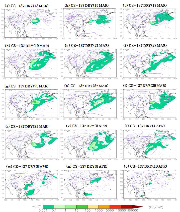 Horizontal distributions of daily total dry deposition of Cs-137 (Bq m-3) from 13 March to 10 April 2011.