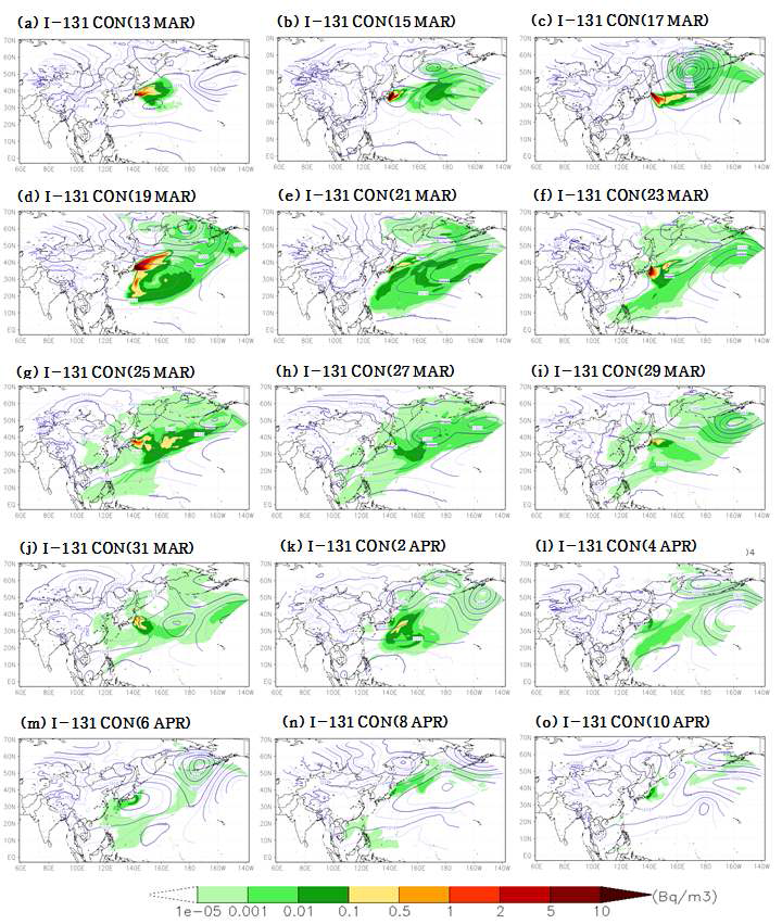 Horizontal distributions of the model simulated daily mean surface concentration (Bq m-3) of I-131 for every other day starting from (a) 00 UTC 13 March to (o) 00 UTC 10 April 2011.