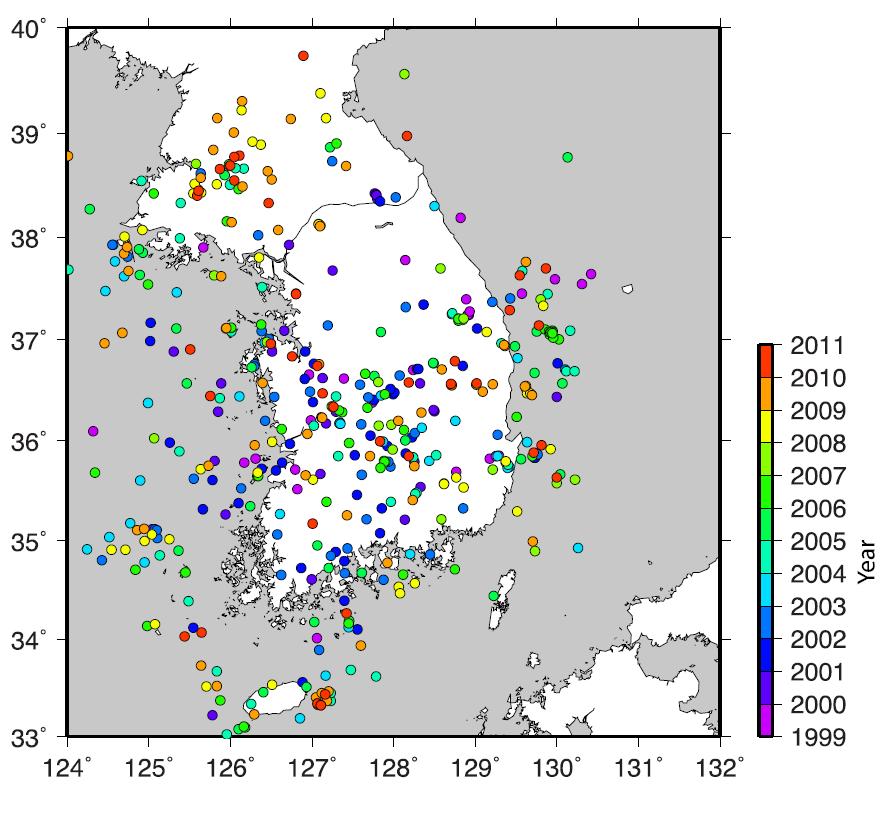 Locations of earthquakes occuring between 1999 and 2010, and they were relocated by NIMR seismological group.