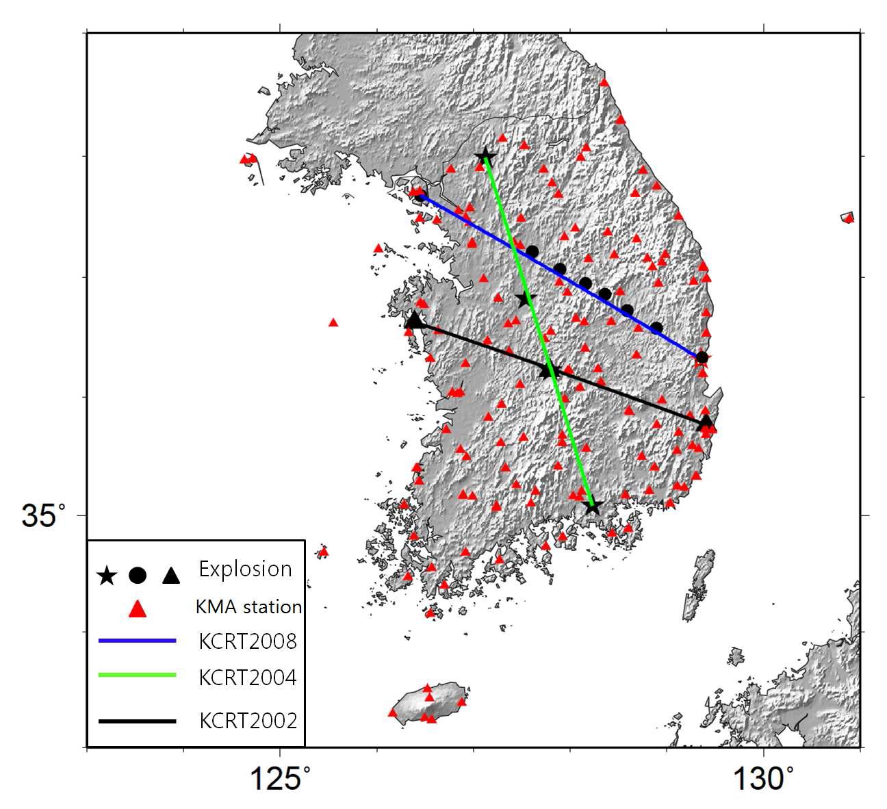 KCRT2008 explosion sites and Location of the KMA seismic stations.