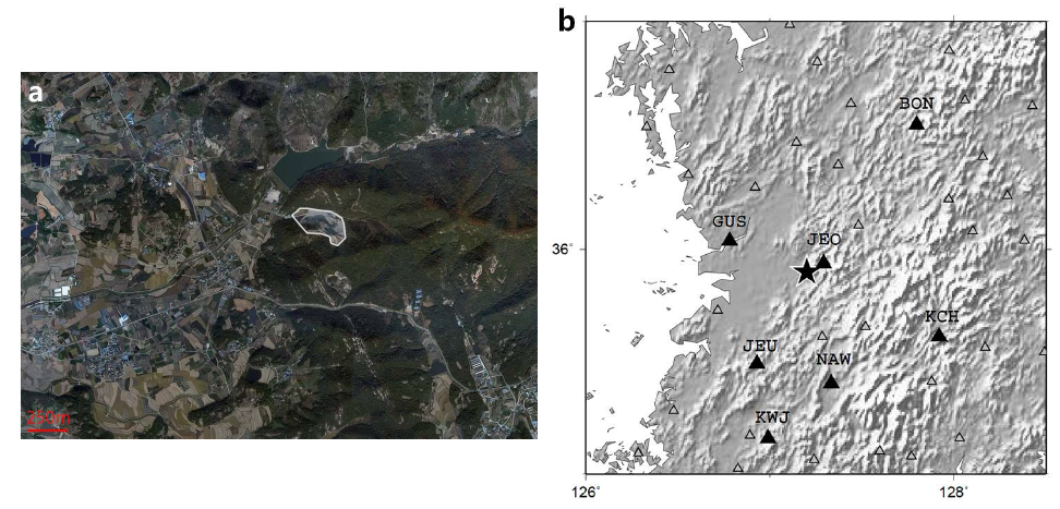 (a)　Satellite image of the Wanju quarry and （ｂ）　quarry blasting waveforms recorded at KMA seismic stations