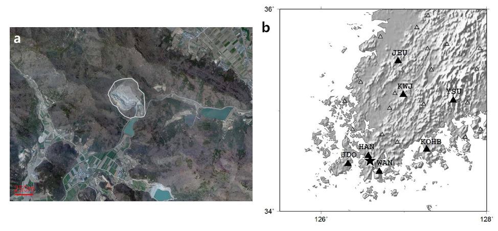 (a) Satellite image of the Haenam quarry and (b) waveforms recorded at KMA seismic stations