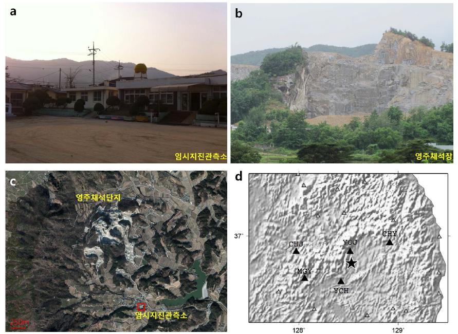 (a) Yeongju temporary seismic station, (b, c) satellite image of the Yeongju quarry and quarry blasting waveforms recorded at KMA seismic stations