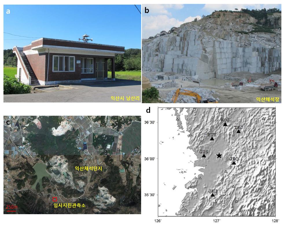 Iksan temporary seismic station, (b, c) satellite image of the Iksan quarry and (d) blasting waveforms recorded at KMA seismic stations