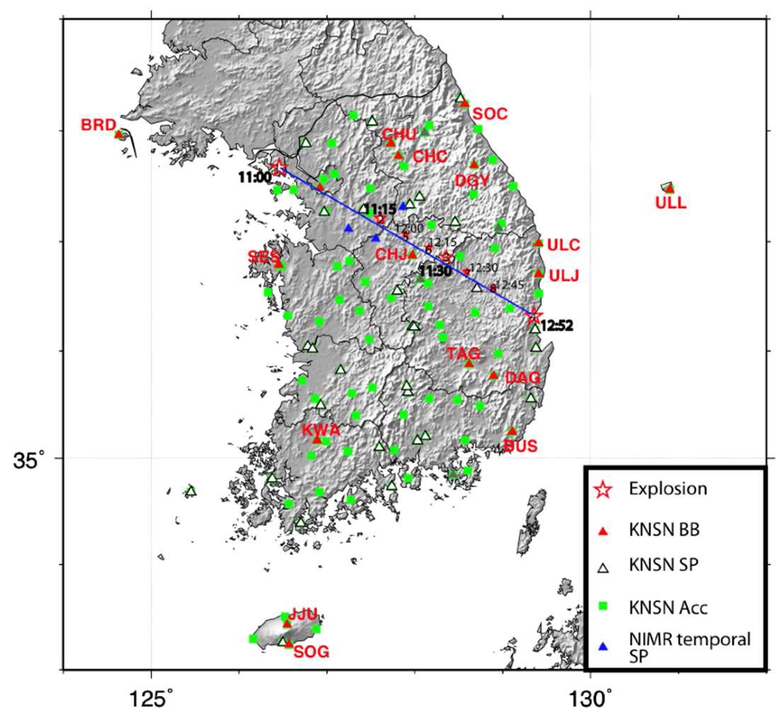 Location of the KMA seismic stations and KCRT-2008 explosion sites