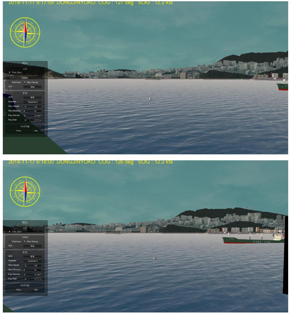 2차원-3차원 선박충돌 재현 : 사고 1분 40초전(06:18:00)