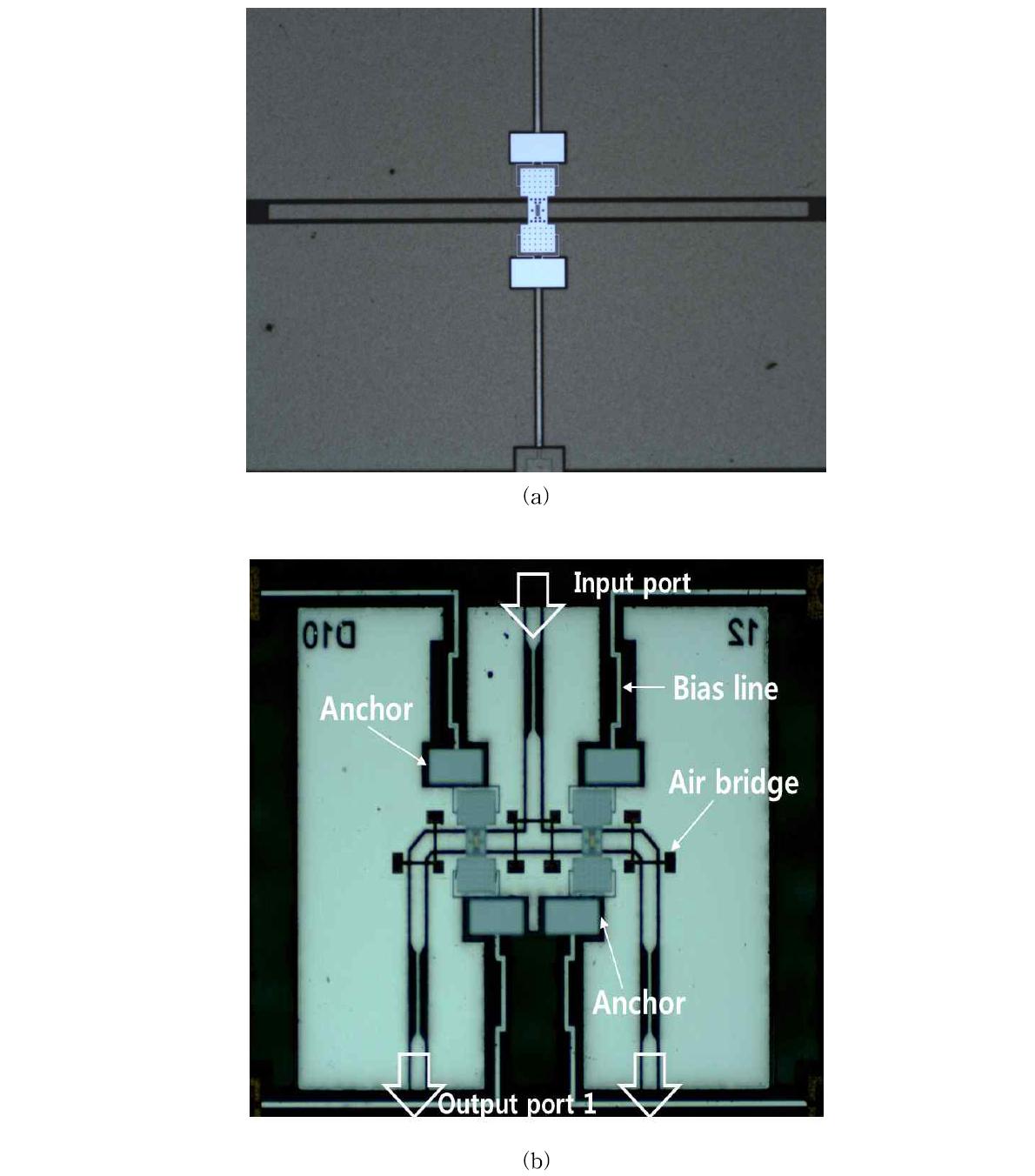 제작 완료 된 SPST와 SPDT의 현미경 사진 (a) SPST (b) SPDT
