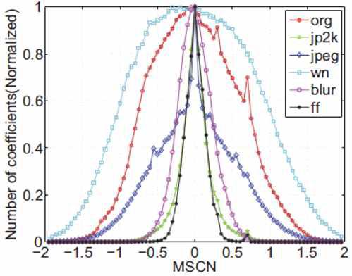 비왜곡 영상과 왜곡 영상에 대한 MSCN 계수 분포