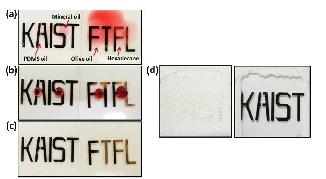 (a) 복합 다층막이 증착된 유리 기판, (b) 소수성 복합 봉지막이 증착된 유리 기판, (c) 소수성 복합 봉지막이 증착된 유리 기판을 45°로 기울인 상태에서 4가지 종류의 오일을 떨어뜨린 후 사진. (d) 소수성 복합 봉 지막이 증착된 유리 기판 상에 SiO2 입자를 분산시키고 (왼쪽) 물로 자가 세척한 후 (오른쪽) 사진 ‘KAIST’, ‘FTFL’: 봉지되어있는 칼슘막