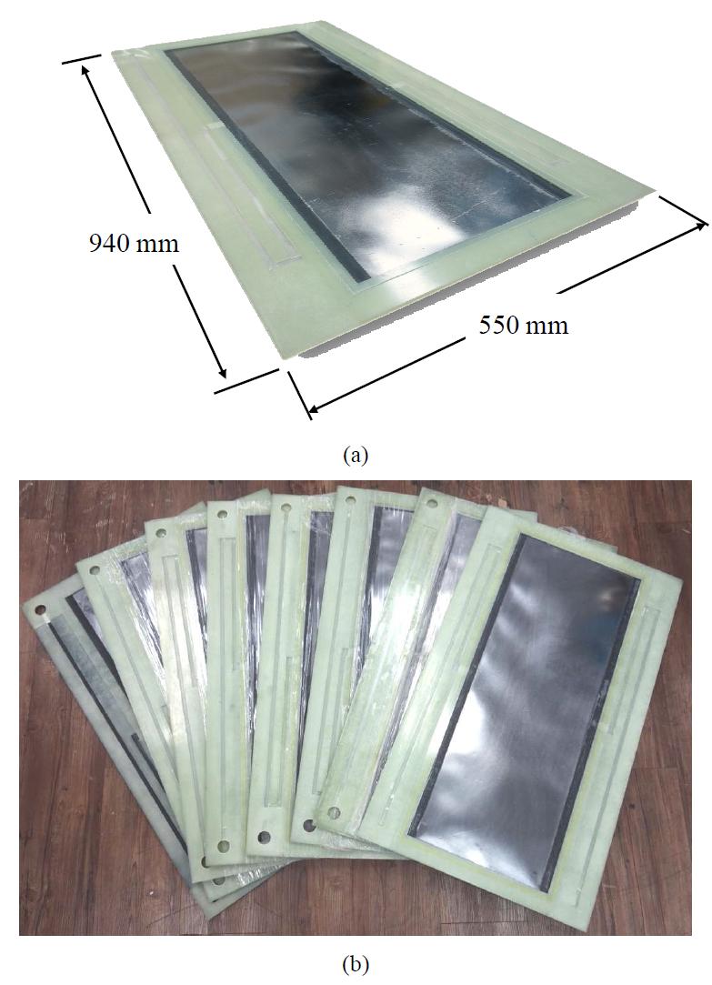 Bipolar plate/flow frame unit; (a) unit cell, (b) final products.