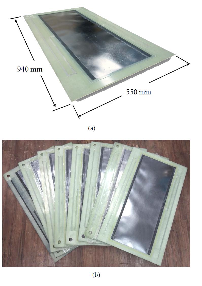 Fabricated bipolar plate/flow frame unit; (a) unit cell, (b) final products.