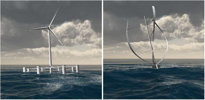 Visualization of vertical and horizontal wind turbine system including buoyancy effect caused by ocean waves