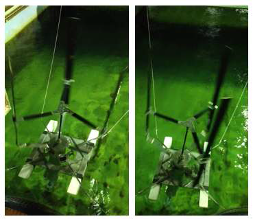 Top front view of the turbine in wave (left), and wave and current (right); the directions of wind and water current (0.1m/s) is from the bottom in the picture frame. (YouTube links are http://youtu.be/DNxmBaHi5yU and http://youtu.be/jfNWkNDTiQI respectively)