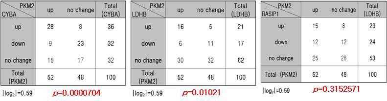 임상조직에서 CYBA 및 LDHB 유전자와 PKM2 유전자 발현 연관성 분석