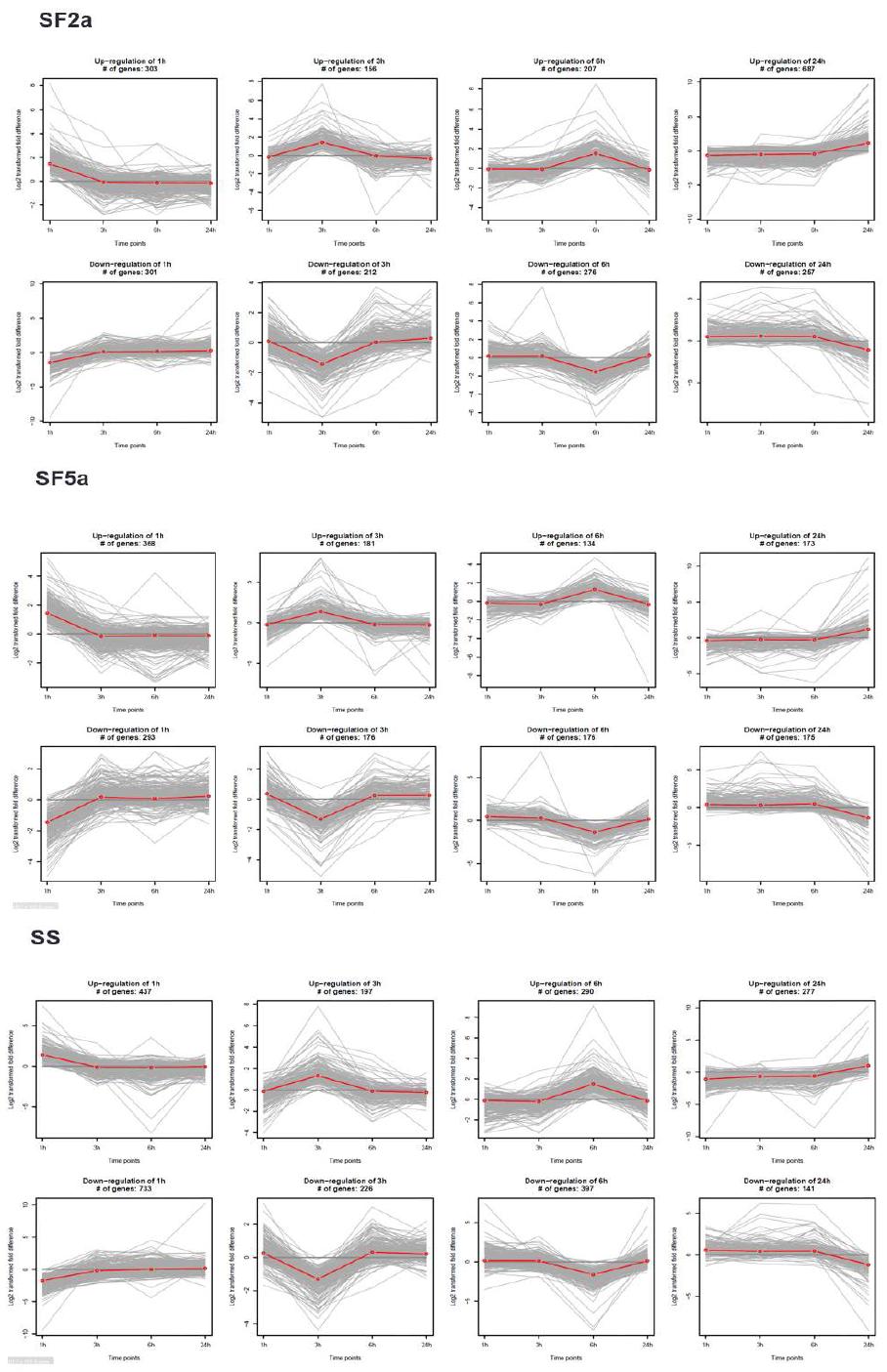 각 균주처리에 처리 시간대별 line-plots