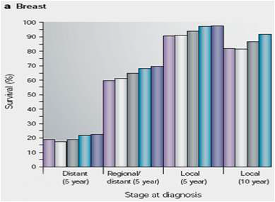 유방암의 사례로 본 1973년(분홍색)에서 1997년(보라색) 사이의 5년간 생존율 변화