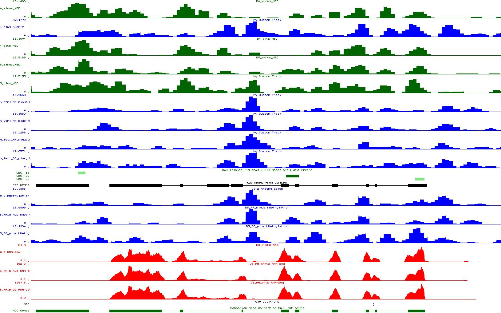 Gfap 유전자 부위의 RNA-seq, ChIP-seq, MBD-seq, hMeDIP-seq data snapshot