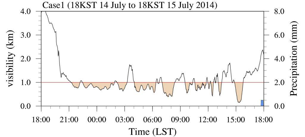 Time-series of visibility and precipitation during case1 period.