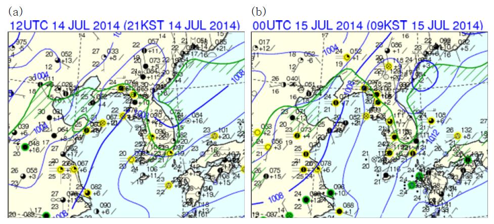 Weather chart of surface at (a) 12UTC 14 July and (b) 00UTC 15 July 2014.