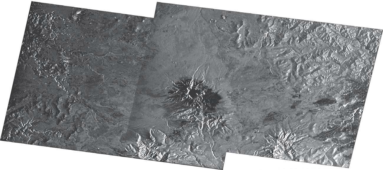 Two independent overlapping tracks (88/230 and 89/230) on the Baekdusan volcano using averaged JERS-1 SAR amplitude images.