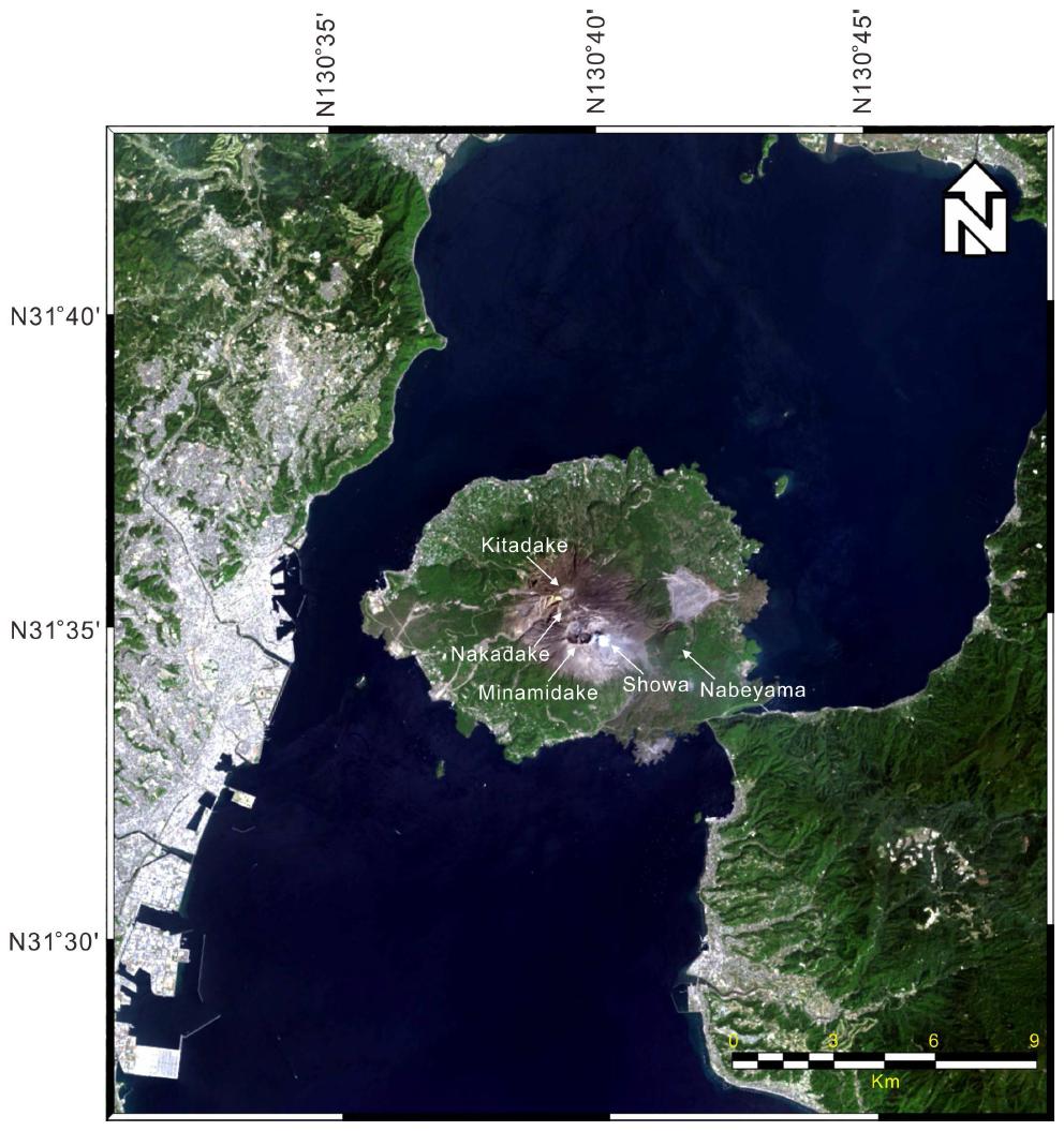 The satellite image was acquired on April 13, 2013 aboard the Landsat-8 on the Sakurajima area.
