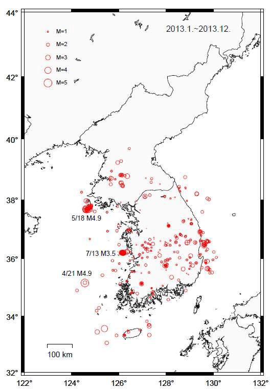 Epicentral distribution map of seismicity reported by KMA in 2013.