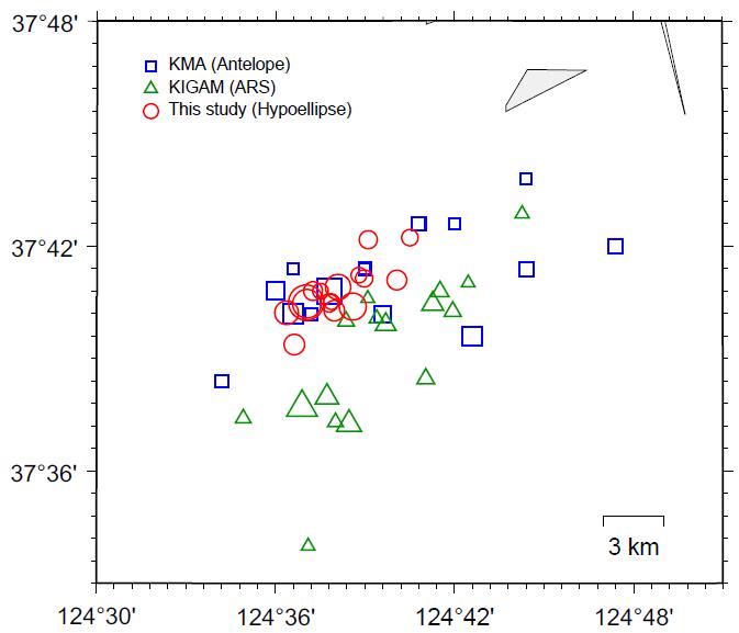 Comparison of epicentral distribution for 16 earthquakes on the KMA list (more than M 2.0).