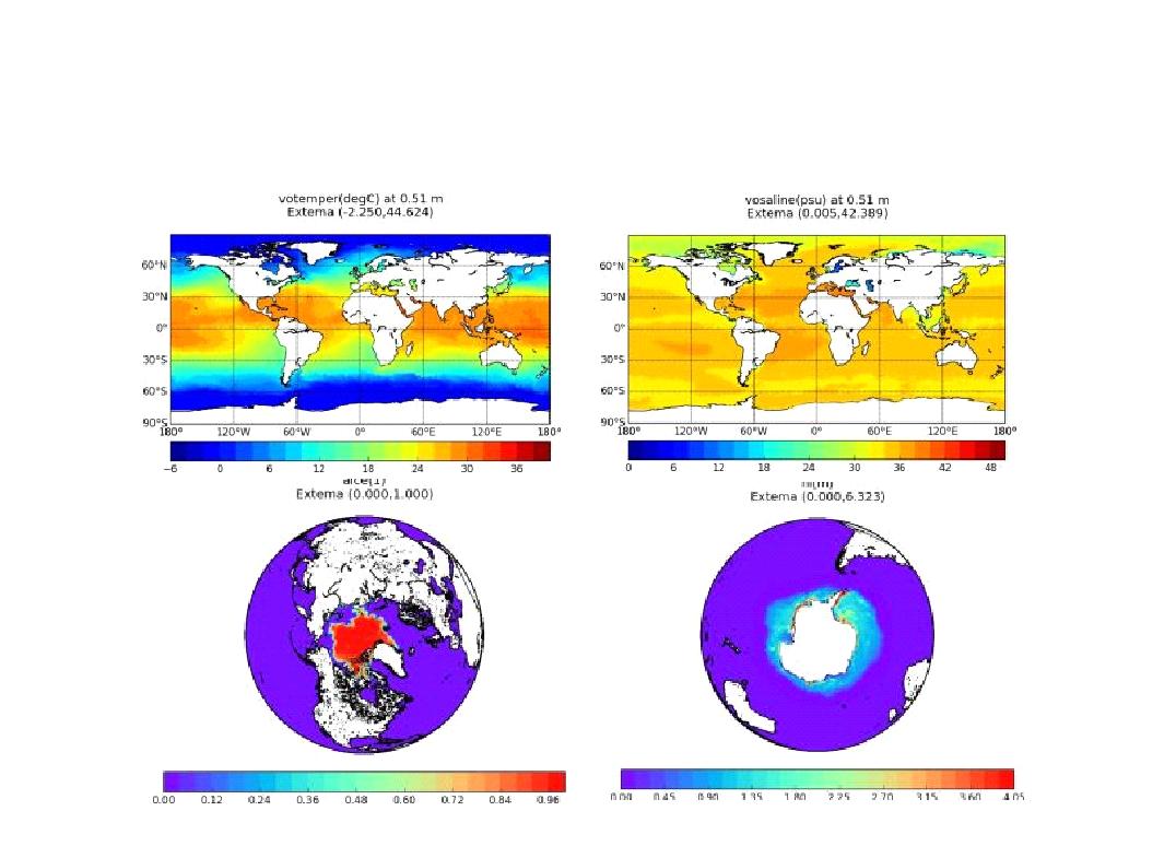 Examples of outputs from parallel monitoring system. Surfacetemperature and salinity (upper panels), sea-ice concentration and
