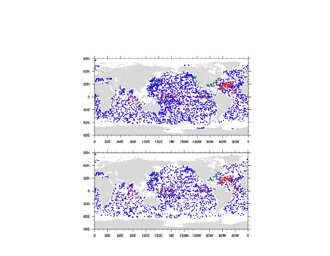 Profiles during 1 Aug. ∼ 10 Aug. 2014. Upper (lower) panelshows temperature (salinity) profile. Blue circles indicate ARGO