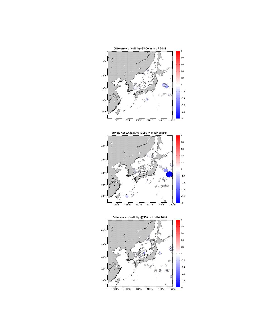 Spatial distribution of salinity differencebetween ARGO observation and model at