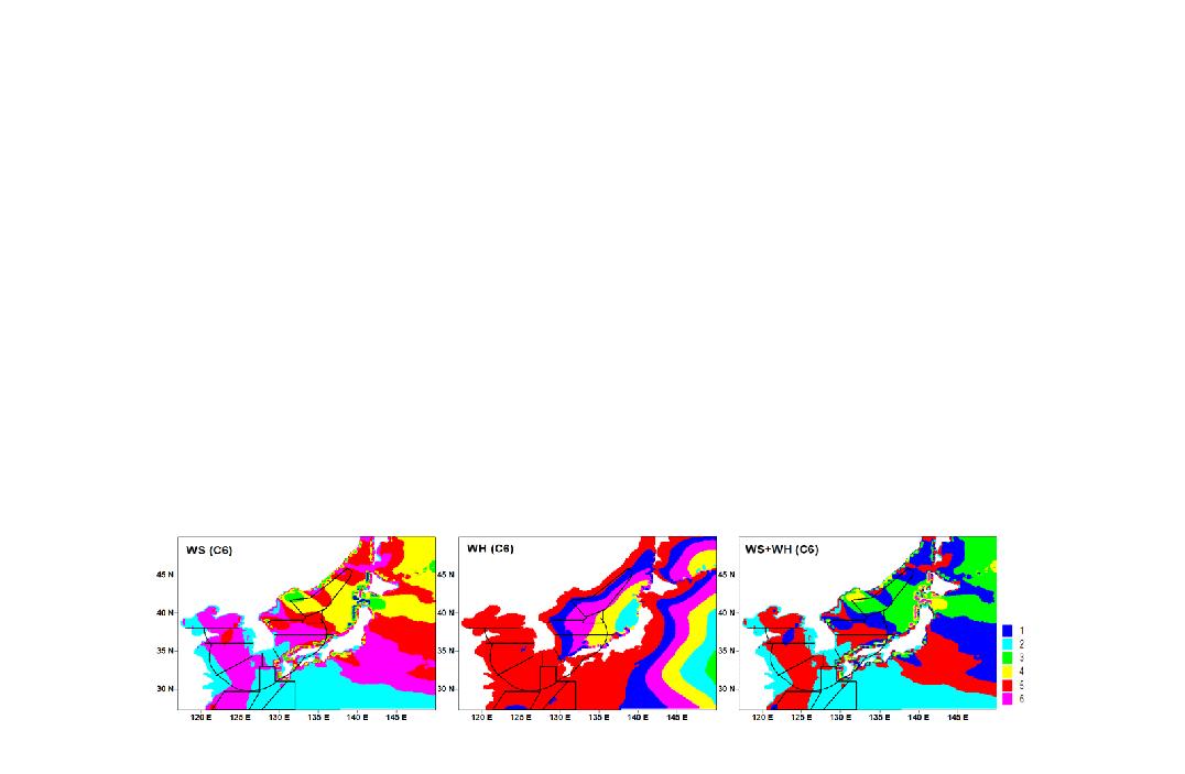 Distribution of cluster 6 in experiment of WS, WH and WS+WHcase around the Northeast Asia.