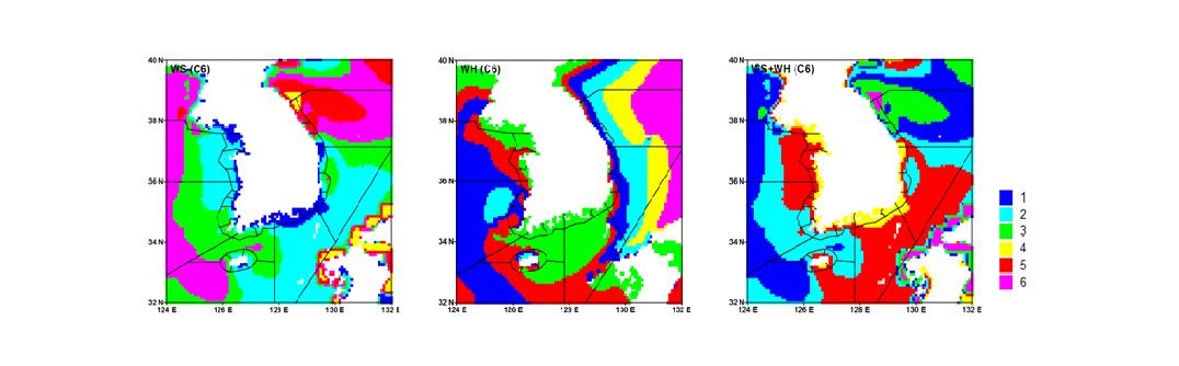 Distribution of cluster 6 in experiment of WS, WH and WS+WHcase around the Korea peninsula.