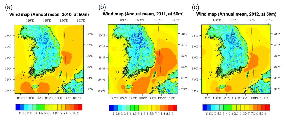 Annual wind map for (a) 2010, (b) 2011, and (c) 2012 at 50 m above the ground level.