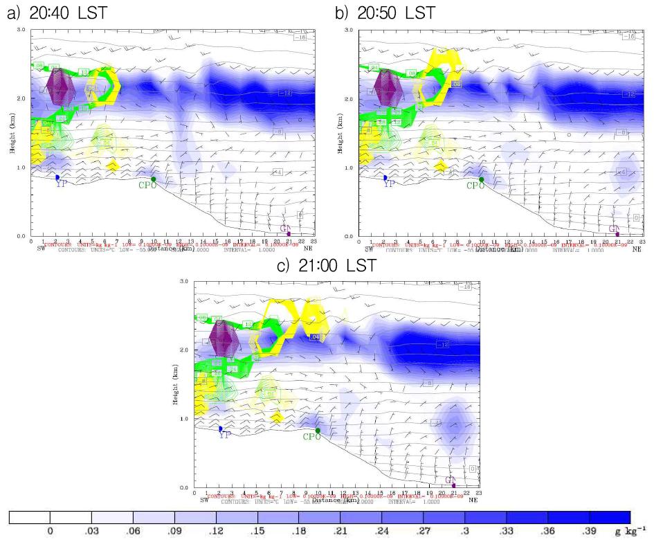 Vertical cross-section (YP to GN) of wind field, AgI concentration (red line), temperature (grey line), cloud water (blue shaded), and ice nucleation processes for AgI (DEP: yellow, CNT: green, and CDF: purple line) at 20:40-21:00 LST, 2nd seeding experiment on 4 January 2014.