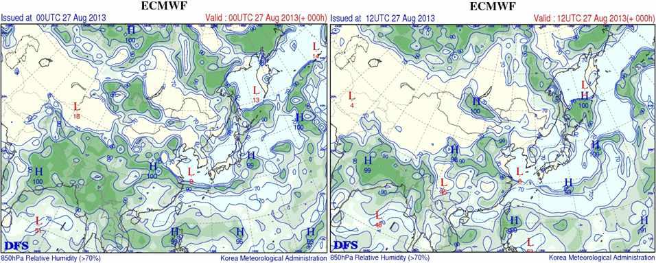 850 hPa relative humidity chart of the ECMWF (European Center of Medium range Weather Forecast); (left) 0900 LST 27 August 2014, (right) 2100 LST 27 August 2014.